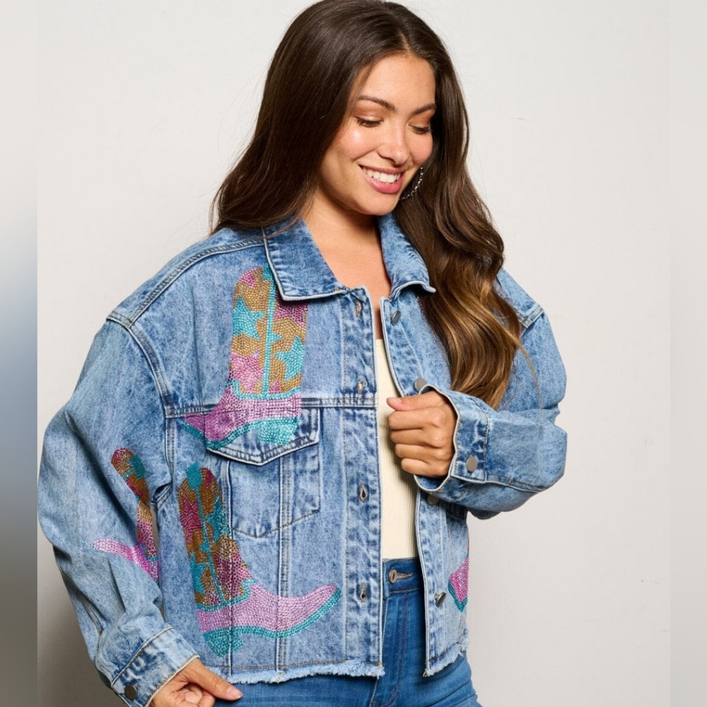 PEACH LOVE CALIFORNIA Oversized Denim Jacket Sequin Cowboy Boots - Picture 4 of 12